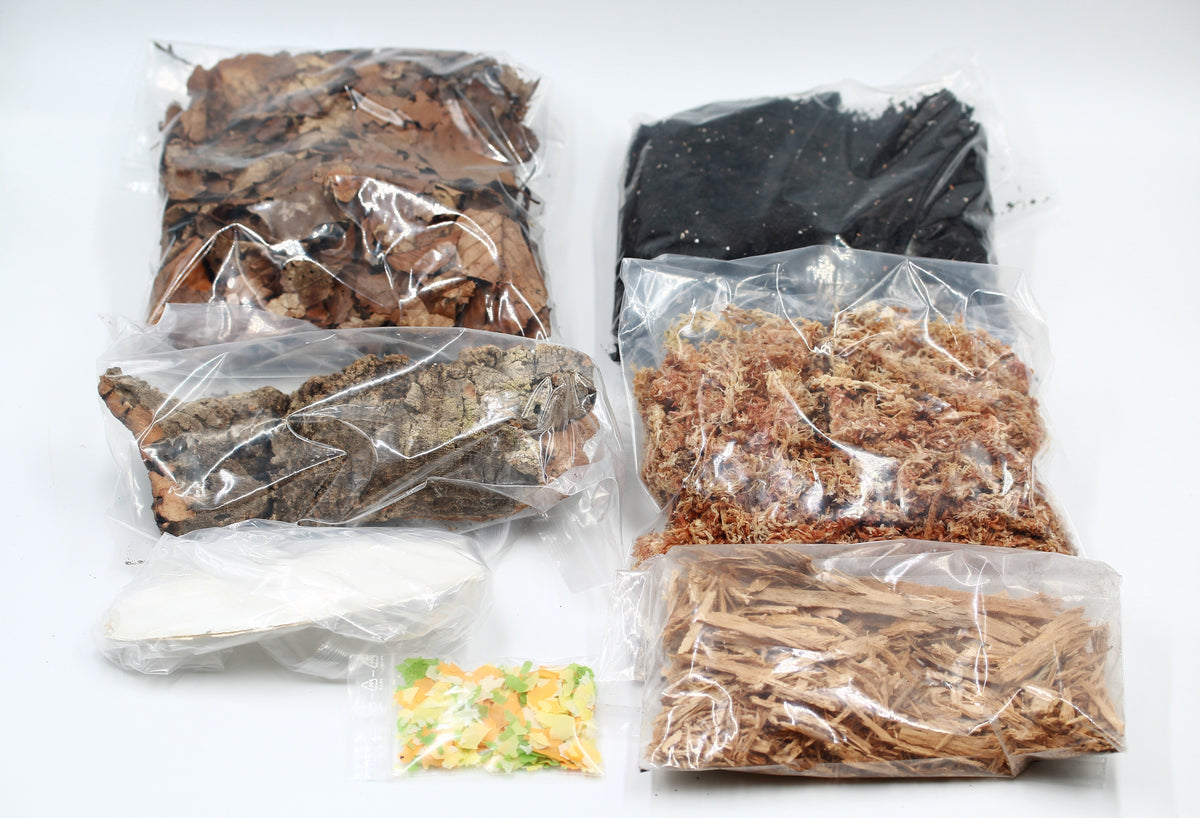 Zubehör und Naturmaterialien zur Einrichtung der 14-Liter-Asselbox